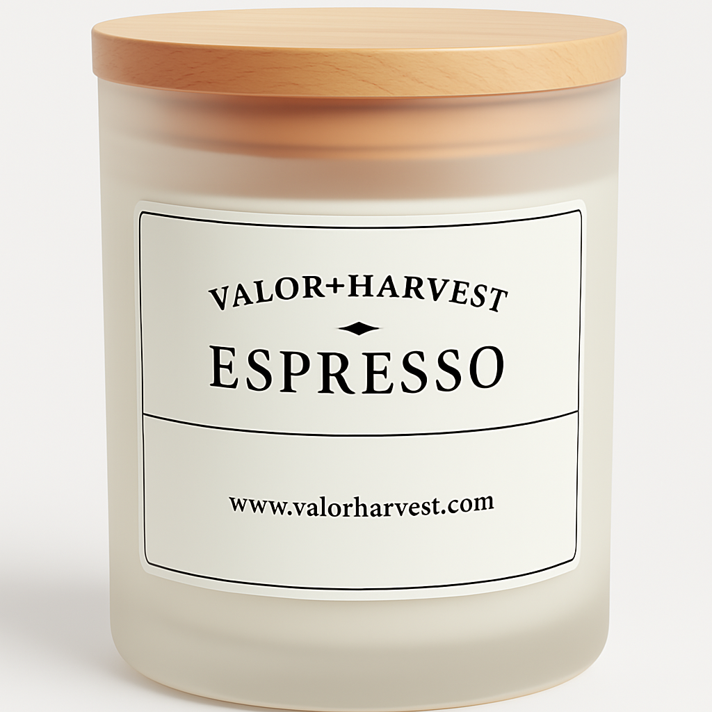 Espresso Coffee scented candle in modern jar – rich roasted aroma, front view emphasizing its bold and cozy appeal.