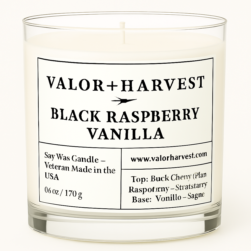 A clear glass soy candle with a white cotton wick, labeled 'Black Raspberry Vanilla' by Valor+Harvest, 2.