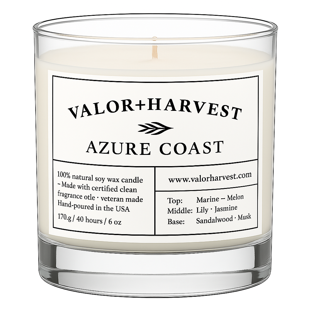 Azure Coast Scented Candle – 6oz hand-poured soy candle in sleek glass jar, front view. Features ocean-inspired label and cotton wick.