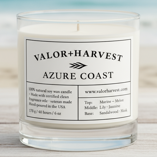 Azure coast scented candle, beach smell, white glass jar, front facing image.