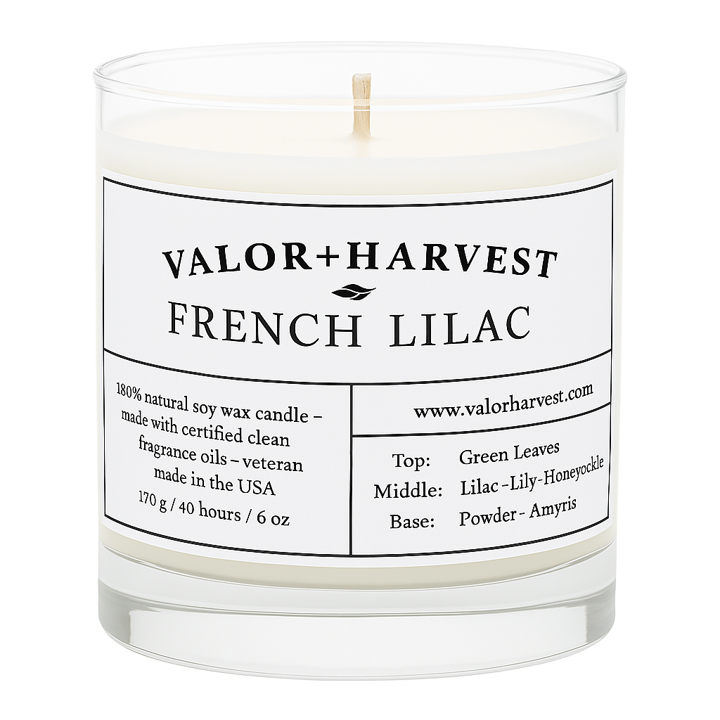 Front view of French Lilac scented candle in elegant jar – soft floral aroma, refined and calming aesthetic.