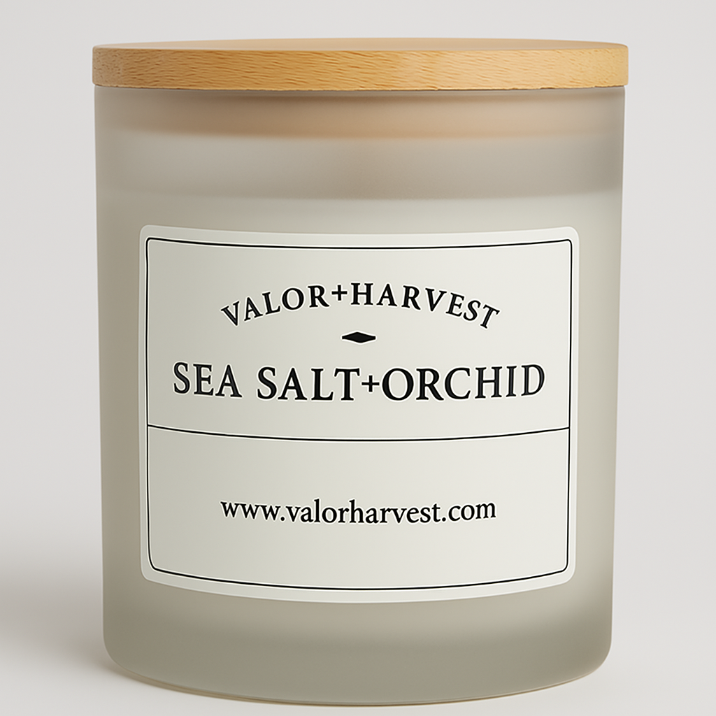 Front view of Sea Salt Orchid soy candle in sleek jar with bamboo lid – fresh coastal aroma blended with soft floral notes. 2