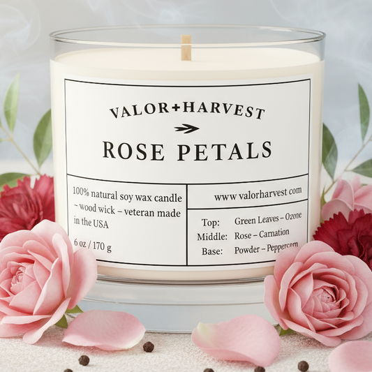 Rose Petals scented candle, front view, clear glass jar.