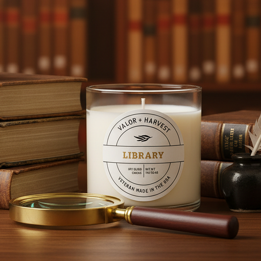 Valor+Harvest Library scented soy candle with a magnifying glass and old books.