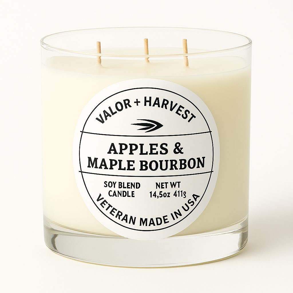 Candle with 'Valor + Harvest' label on a white background