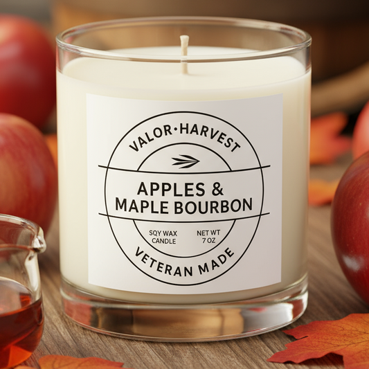 Apples and Maple Bourbon candle, front view in a glass white jar.