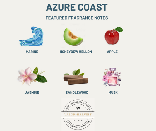 Azure Coast Scent Card – ocean air, sea salt & citrus blend. Crisp, refreshing fragrance preview of our eco-friendly soy candle collection.