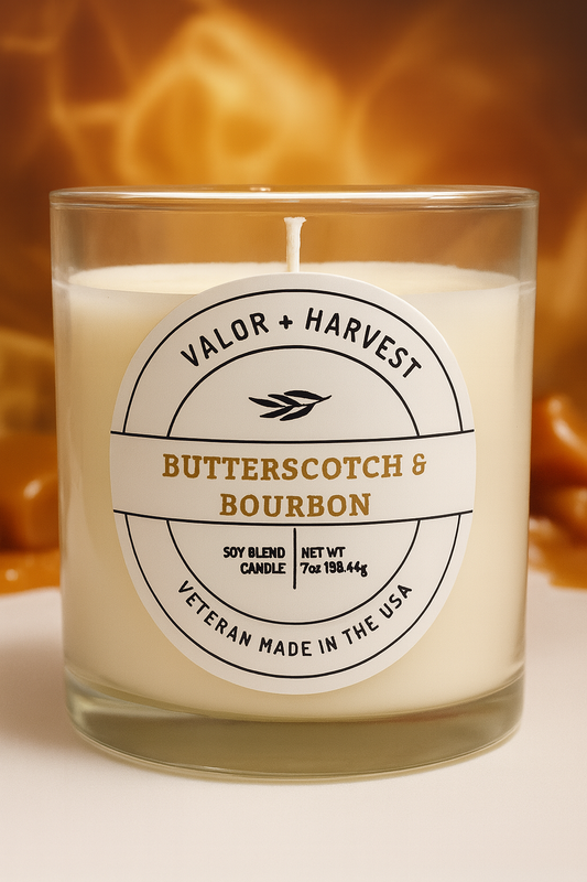 Butterscotch and Bourbon Scented White Glass Candle.