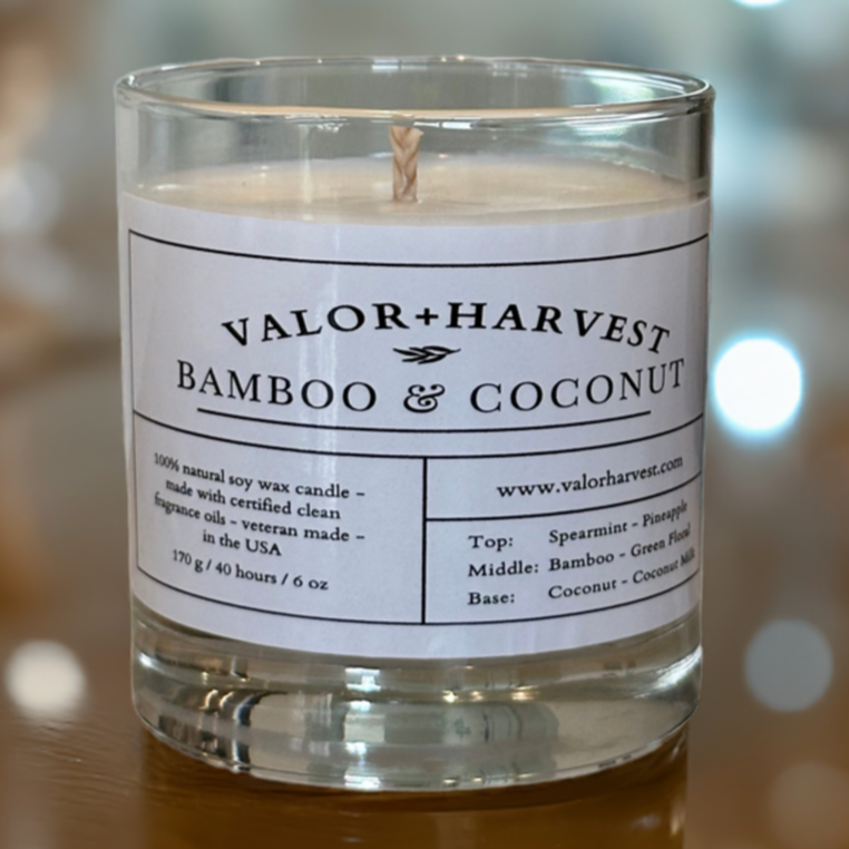 Front view of Bamboo Coconut scented soy candle in minimalist container – tropical fragrance, handcrafted design.