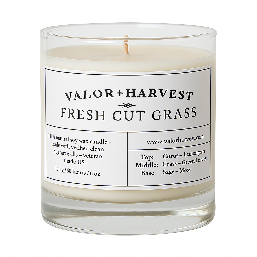Fresh Cut Grass Soy Candle – 06oz front-facing view in clear glass jar with cotton wick, featuring nature-inspired label design and clean green tones.
