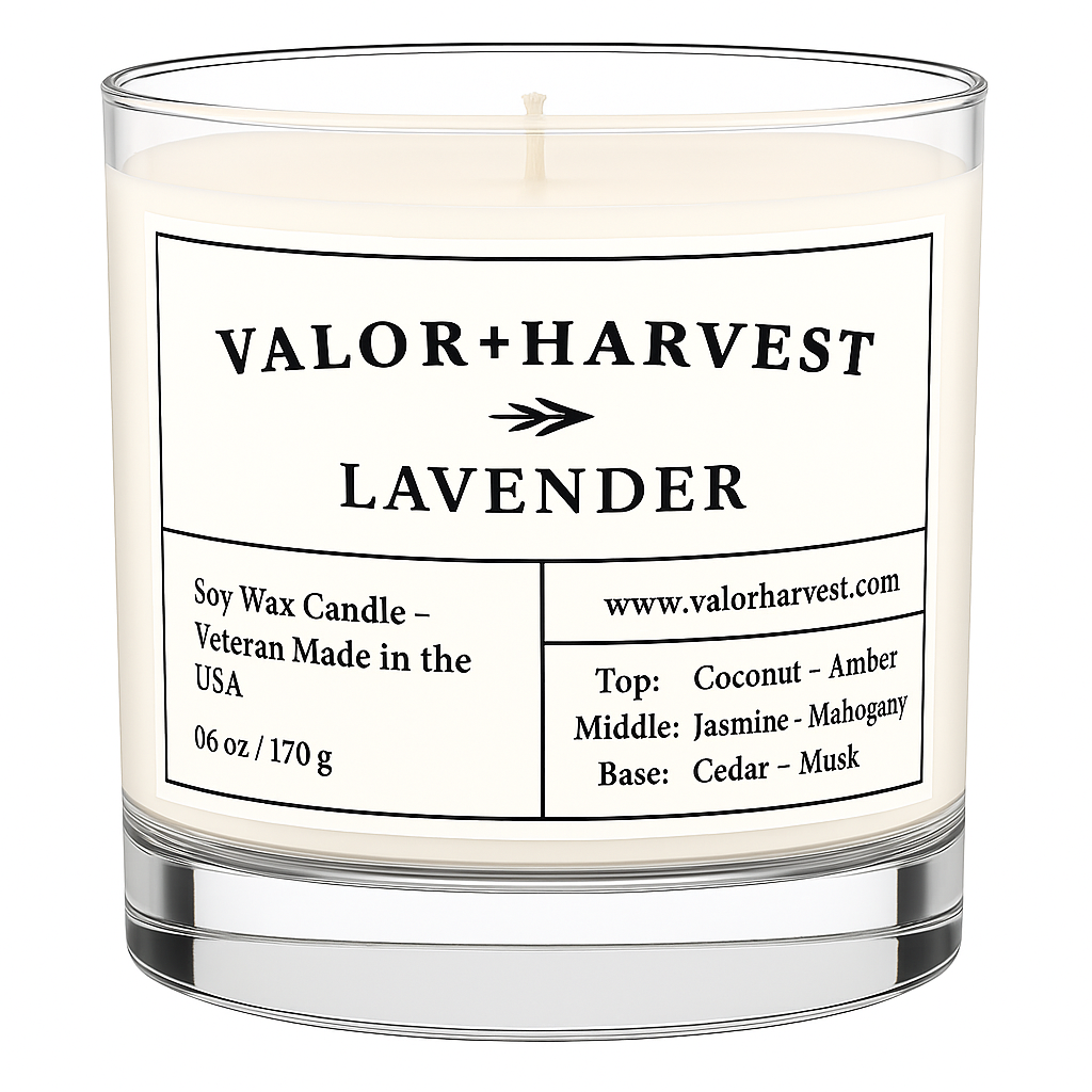Front view of Lavender scented candle in sleek glass jar – calming floral fragrance, styled for relaxation and tranquility.