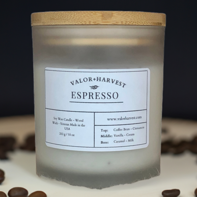 Espresso Coffee scented candle in modern jar – rich roasted aroma, front view emphasizing its bold and cozy appeal.