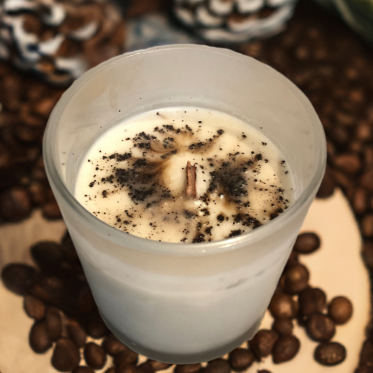 Top view of Espresso Coffee scented candle – smooth wax surface in modern jar, rich roasted aroma evoked by sleek styling