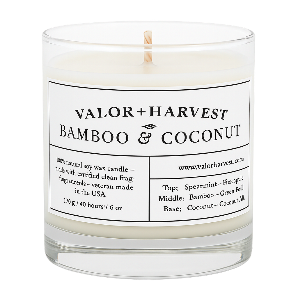 Front view of Bamboo Coconut scented soy candle in minimalist container – tropical fragrance, handcrafted design. 2