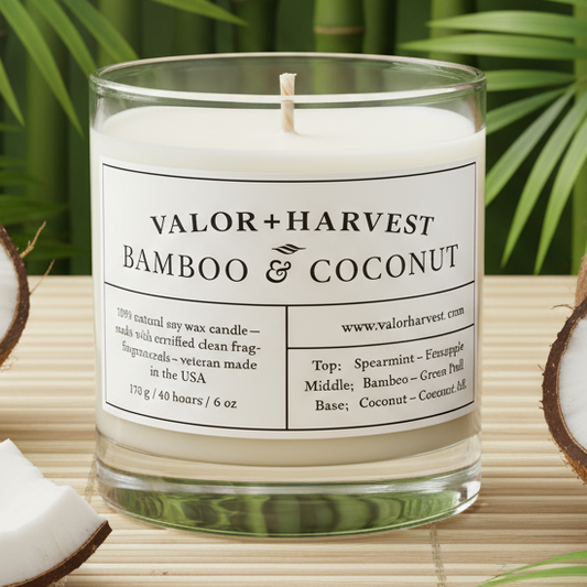 Bamboo and Coconut candle, clear glass jar.