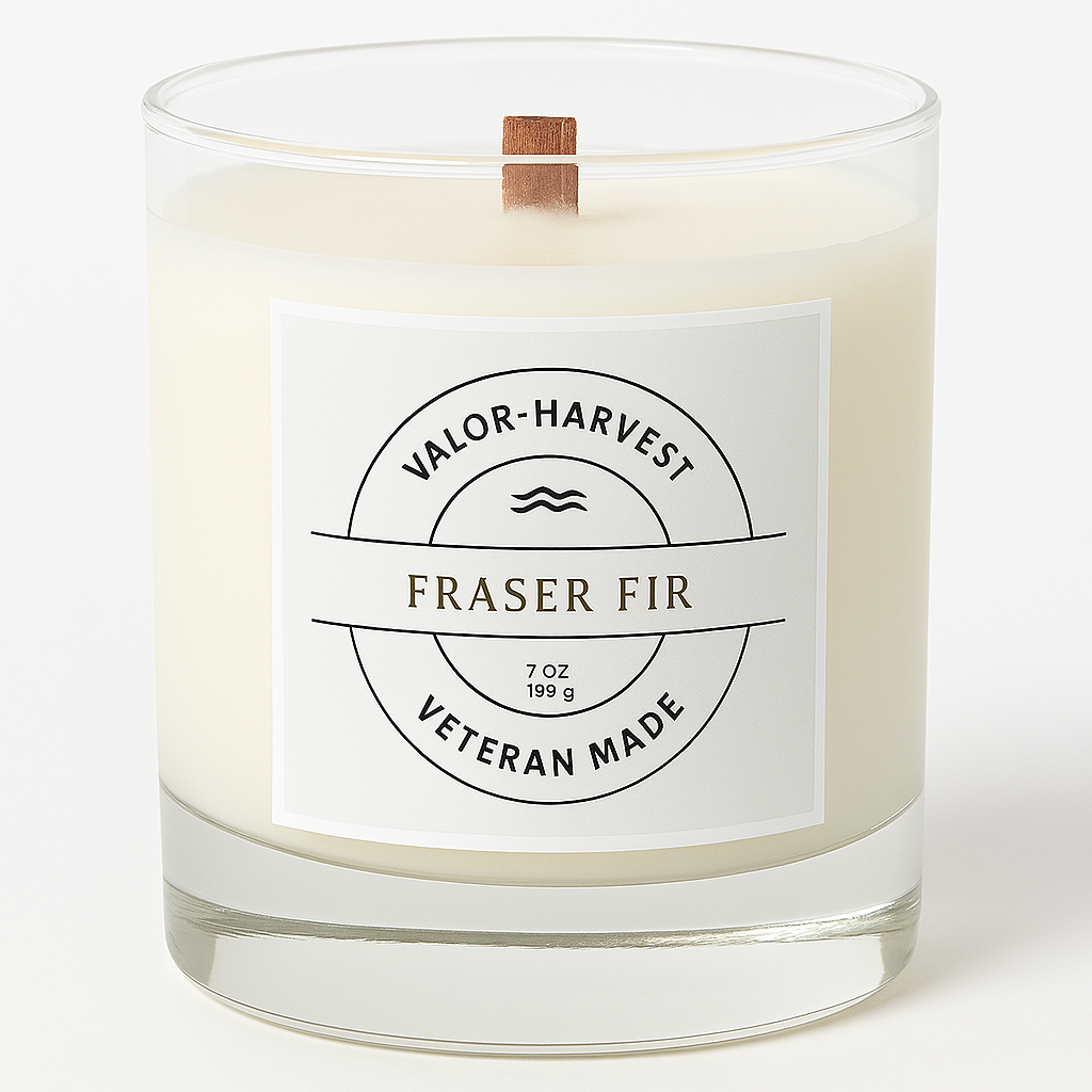 Glass jar candle, fraser fir with a label on a white background.