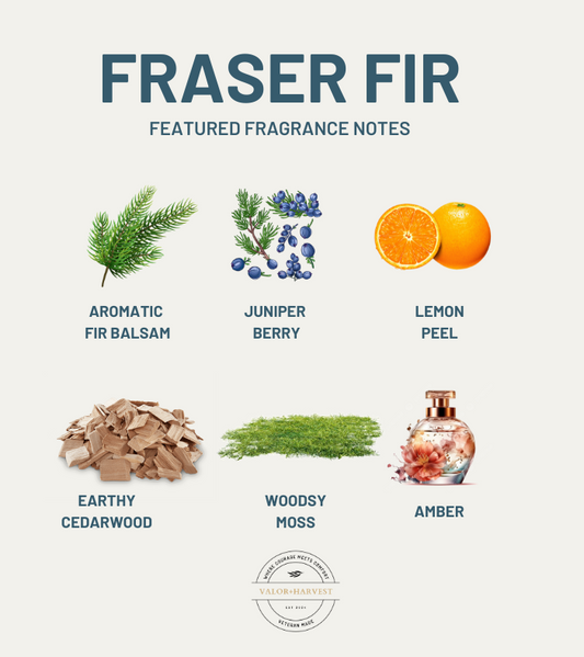 Fragrance notes for Valor+Harvest Fraser Fir candle: fir balsam, juniper berry, lemon peel, cedarwood, moss, and amber.