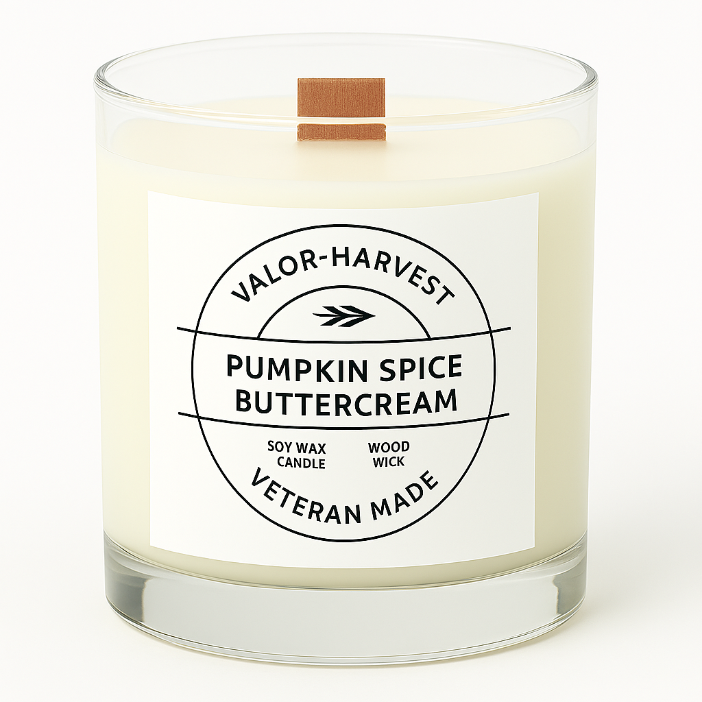 Pumpkin spice buttercream candle with a label on a white background