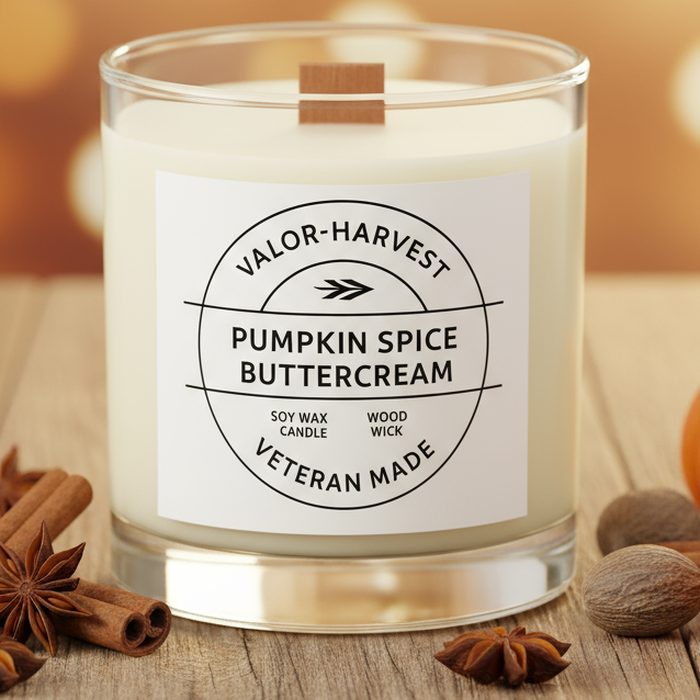 Pumpkin spice buttercream wood wick candle, white glass jar.