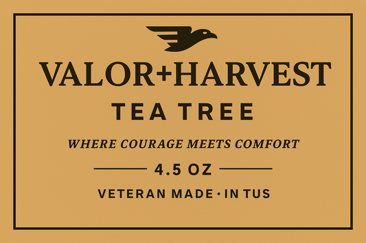 Valor Harvest Tea Tree packaging with text on a beige background
