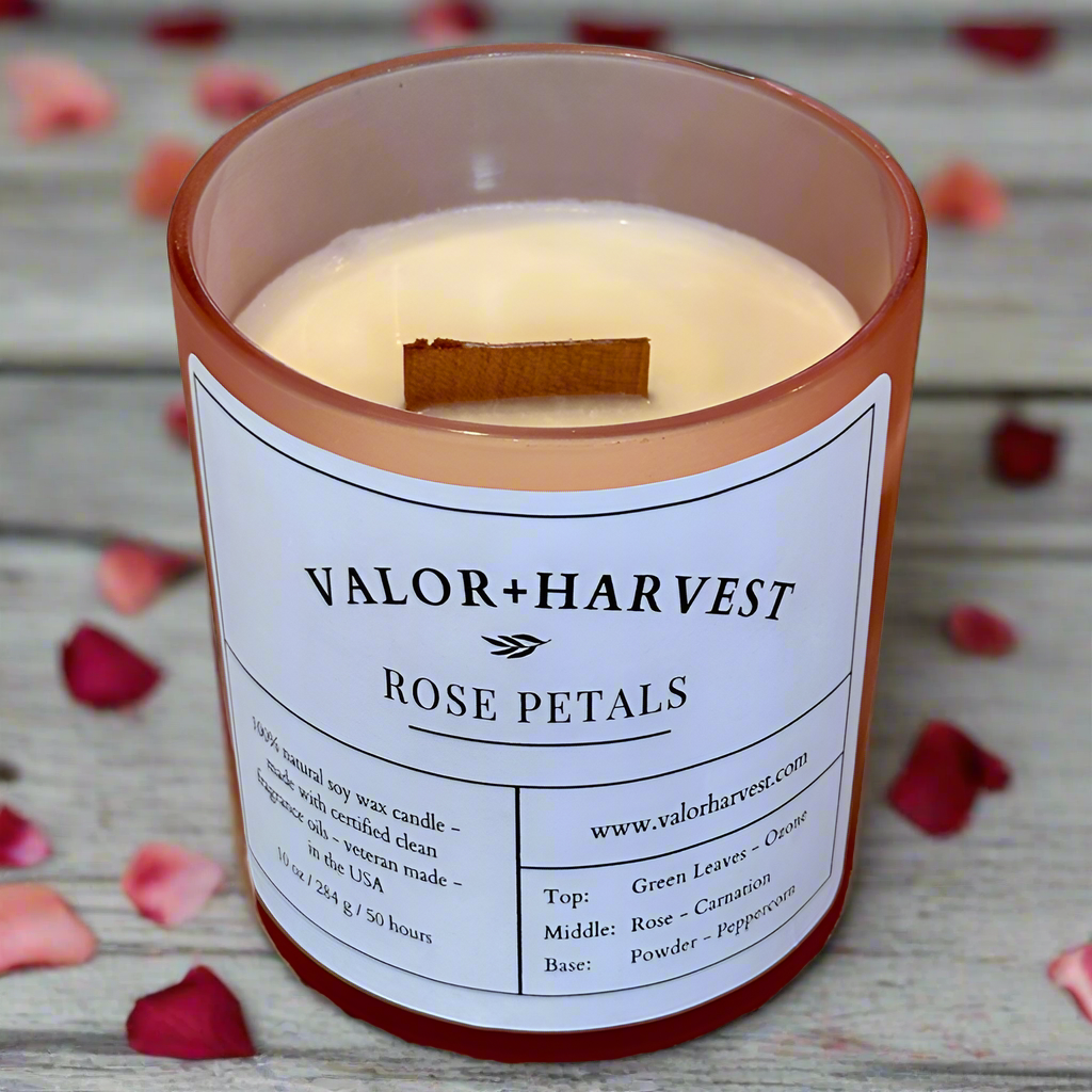 Front view of Rose Petal Soy Candle in glass jar—hand-poured with crackling wood wick, showcasing non-toxic soy wax and romantic floral label design.