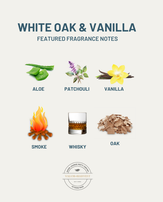 Fragrance notes for White Oak & Vanilla candle: aloe, patchouli, vanilla, smoke, whisky, and oak.