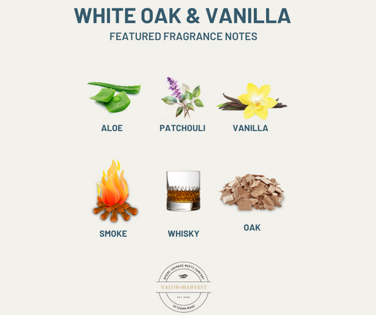 Fragrance notes for White Oak & Vanilla candle: aloe, patchouli, vanilla, smoke, whisky, and oak.