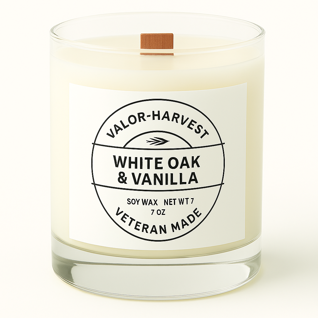 Candle with a label reading 'White Oak & Vanilla' by Valor-Harvest on a white background