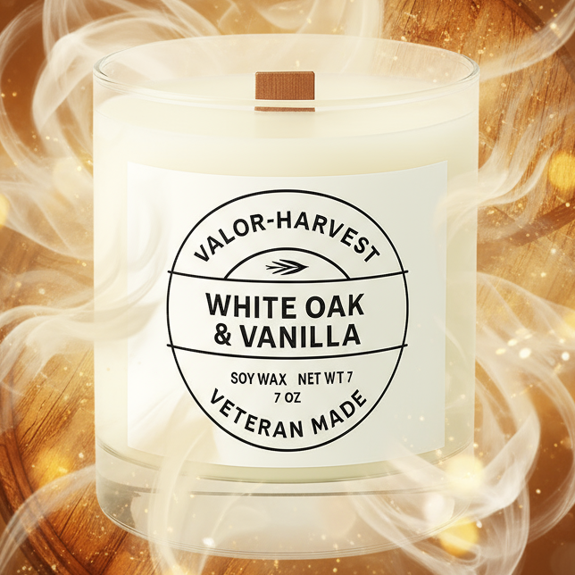 White oak and vanilla wood wick candle front view.