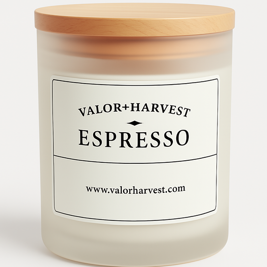 Espresso Coffee scented candle in modern jar – rich roasted aroma, front view emphasizing its bold and cozy appeal.