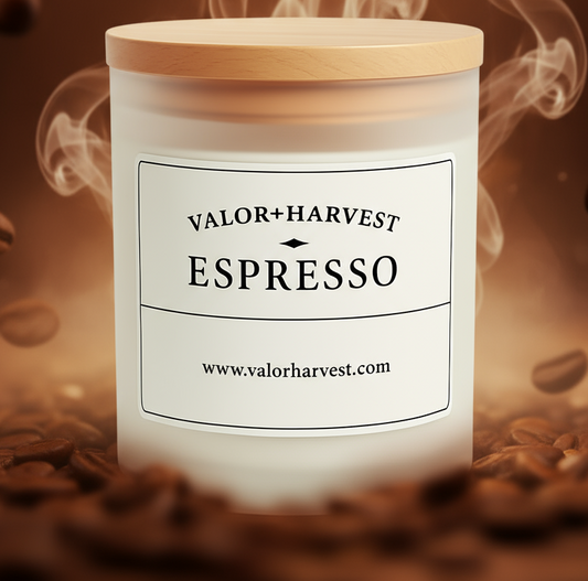 Espresso scented candle front view, frosted glass jar. 