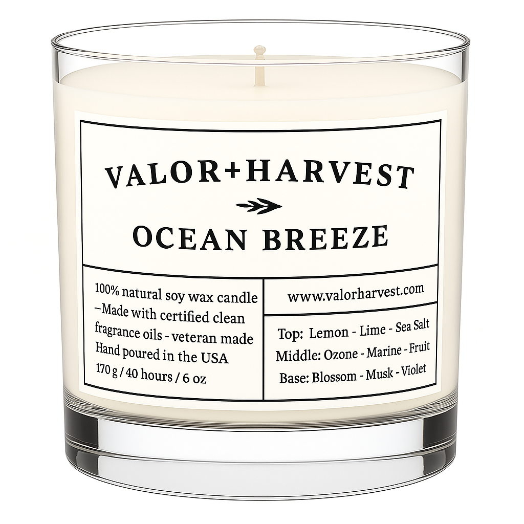 Ocean Breeze Scented Candle – 6oz soy wax candle in clear glass jar with cotton wick, front-facing view featuring ocean-inspired label design.