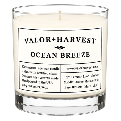 Ocean Breeze Scented Candle – 6oz soy wax candle in clear glass jar with cotton wick, front-facing view featuring ocean-inspired label design.