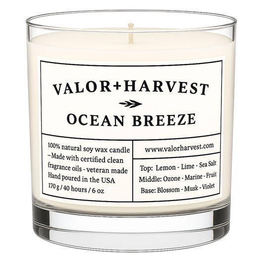Ocean Breeze Scented Candle – 6oz soy wax candle in clear glass jar with cotton wick, front-facing view featuring ocean-inspired label design.
