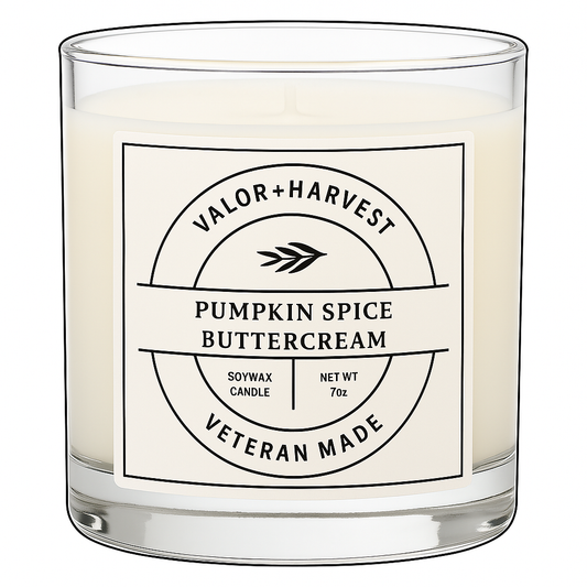 Pumpkin spice buttercream candle in amber glass jar, topped with creamy swirl wax and autumn spices — perfect for cozy seasonal ambiance.
