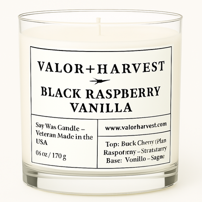 A clear glass soy candle with a white cotton wick, labeled 'Black Raspberry Vanilla' by Valor+Harvest, 2. 