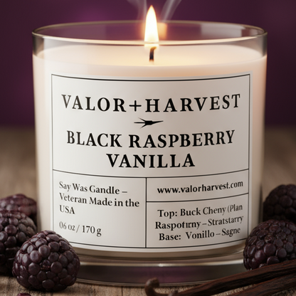 Black raspberry vanilla scented candle, front view, glass jar, single wick candle. 