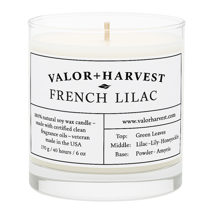 Front view of French Lilac scented candle in elegant jar – soft floral aroma, refined and calming aesthetic. 