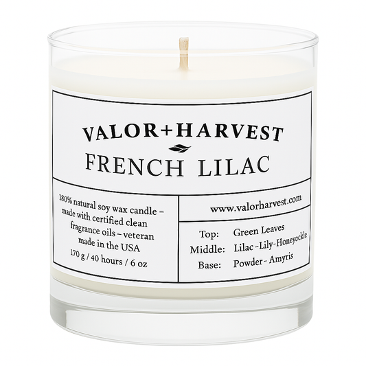 Front view of French Lilac scented candle in elegant jar – soft floral aroma, refined and calming aesthetic. 