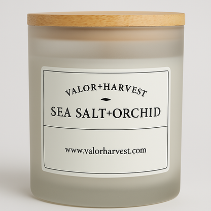 Front view of Sea Salt Orchid soy candle in sleek jar with bamboo lid – fresh coastal aroma blended with soft floral notes. 2 