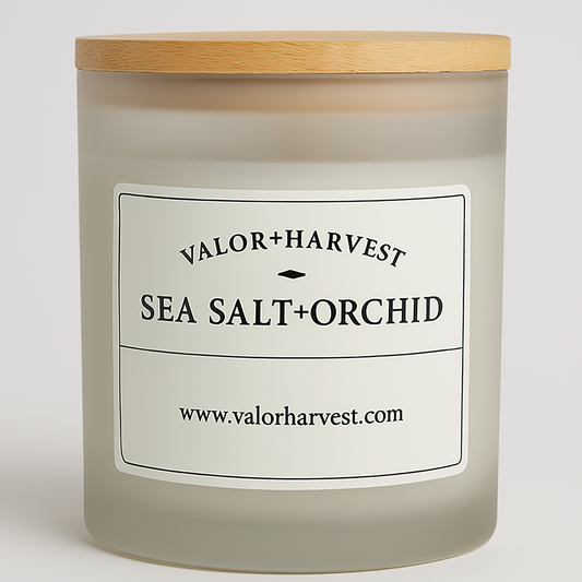 Front view of Sea Salt Orchid soy candle in sleek jar with bamboo lid – fresh coastal aroma blended with soft floral notes. 2 