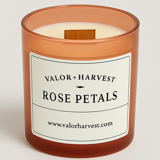 Front view of Rose Petal Soy Candle in glass jar—hand-poured with crackling wood wick, showcasing non-toxic soy wax and romantic floral label design. 2 