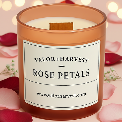 Rose petal scented candle in a rose colored jar, wood wick. 