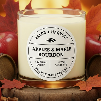 Apples and maple bourbon wick free candle front view. 
