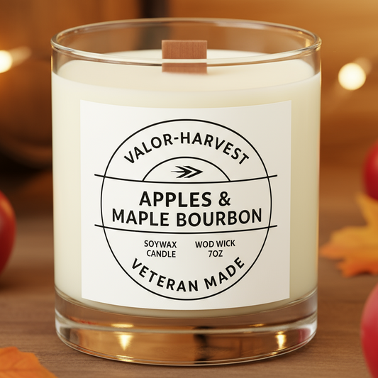 Apples and maple bourbon wood wick candle in a clear glass jar. 