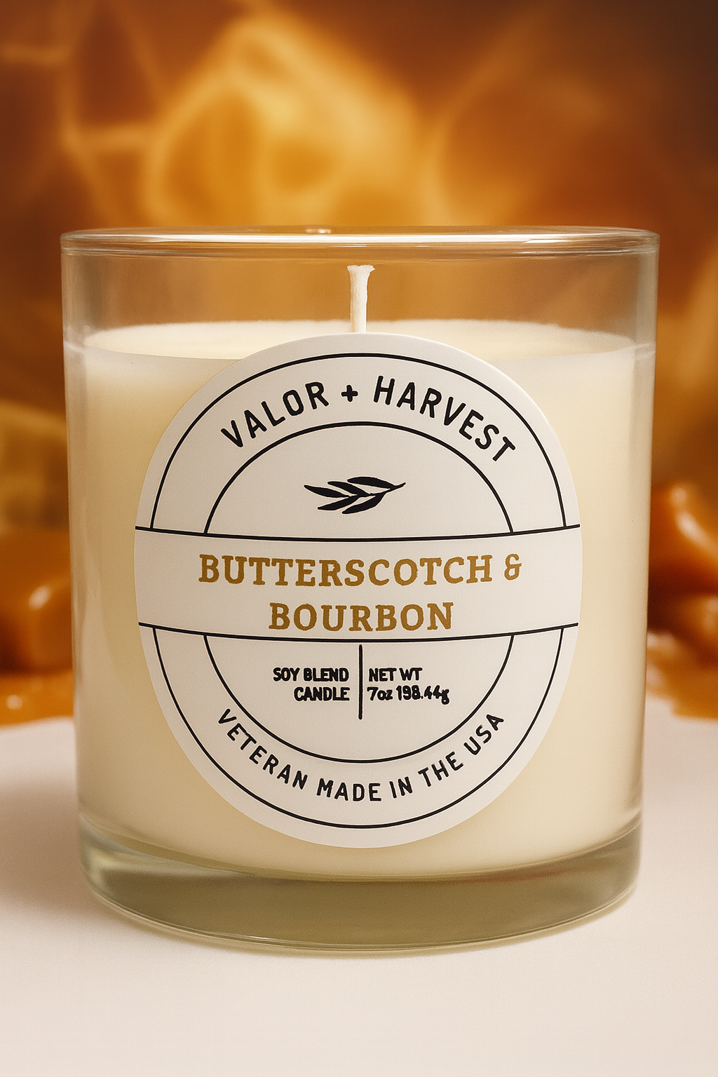 Butterscotch and Bourbon Scented White Glass Candle. 