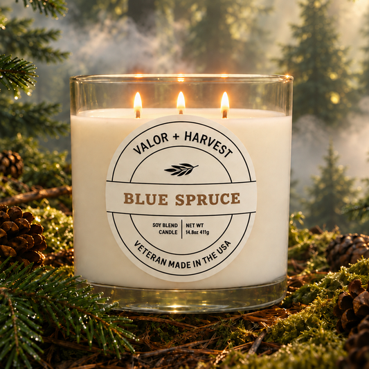 Blue Spruce 3 wick soy coconut wax candle by Valor+Harvest in a glass jar.