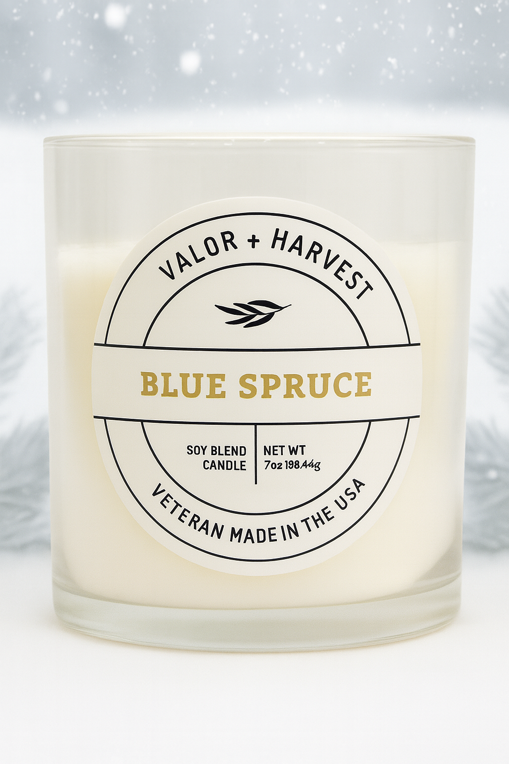Candle with 'Valor + Harvest' label on a white background