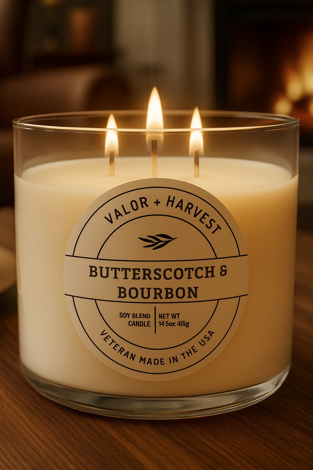 White Glass Butterscotch and Bourbon Scented Candle, front view. 