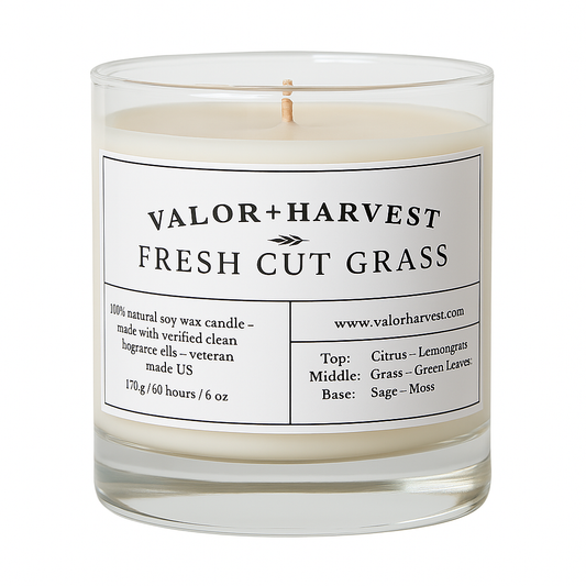 Fresh Cut Grass Soy Candle – 06oz front-facing view in clear glass jar with cotton wick, featuring nature-inspired label design and clean green tones.